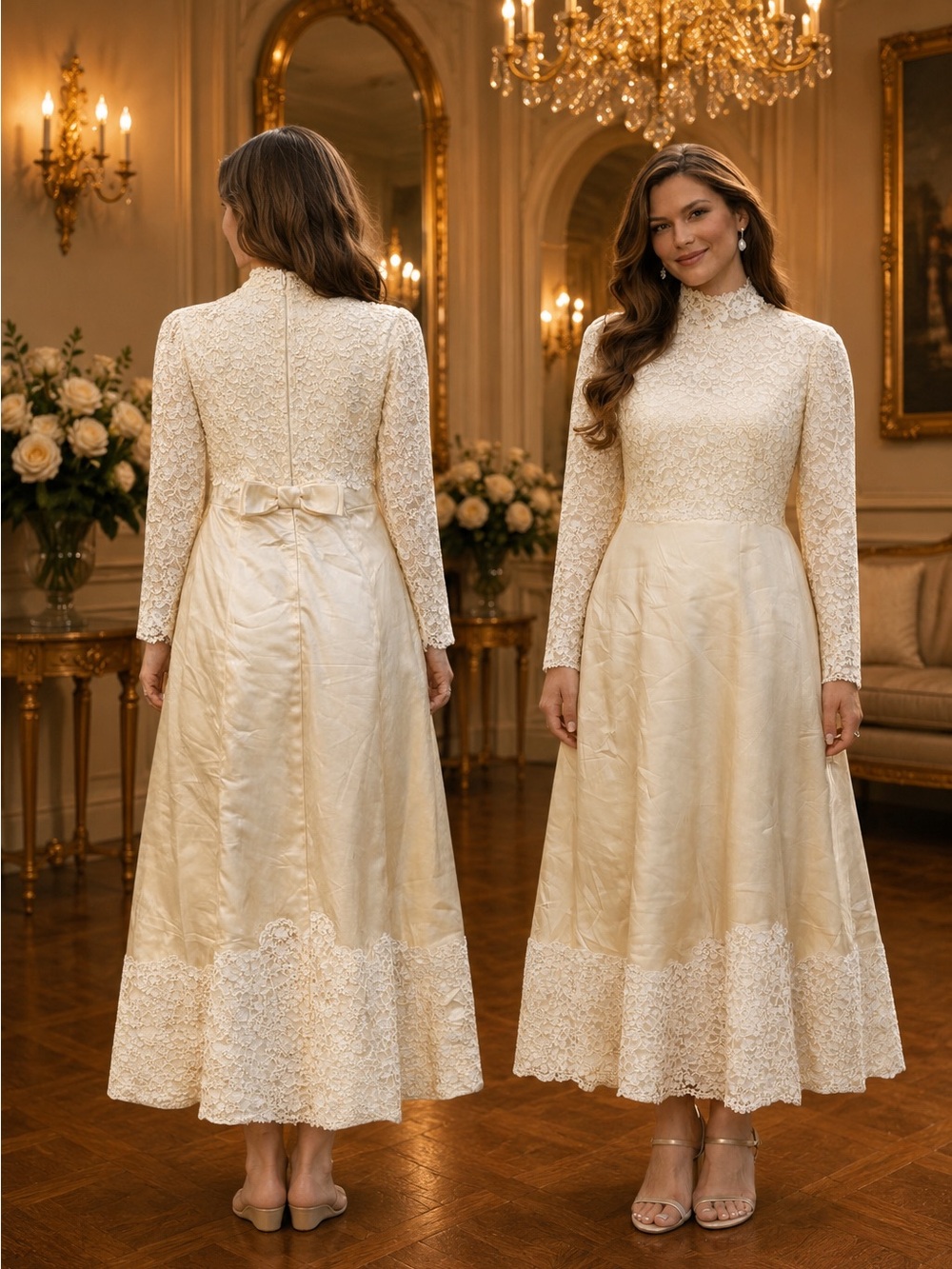 Vintage Silk & Lace High Neck Long Sleeve Wedding Dress
